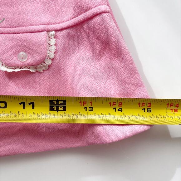 Vintage Baby Pink Dress Sz 12mo Lace Peter Pan Collar Embroidered Animal Mid Mod - Picture 11 of 11